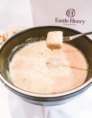 Emile Henry Ceramic Fondue Pot for Cheese Set with Forks & Burner